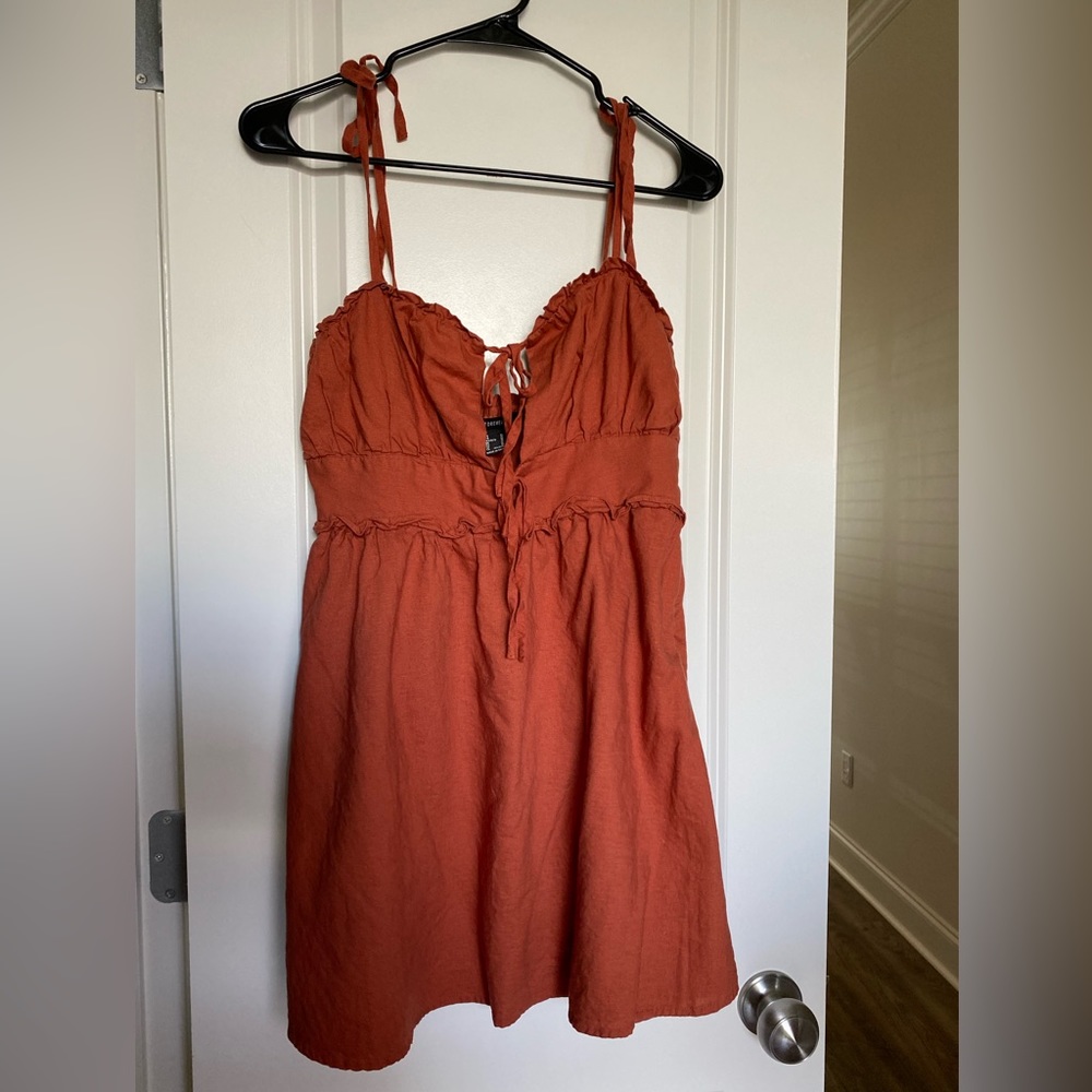 Burnt orange rust mini dress adjustable tie shoulder spaghetti straps